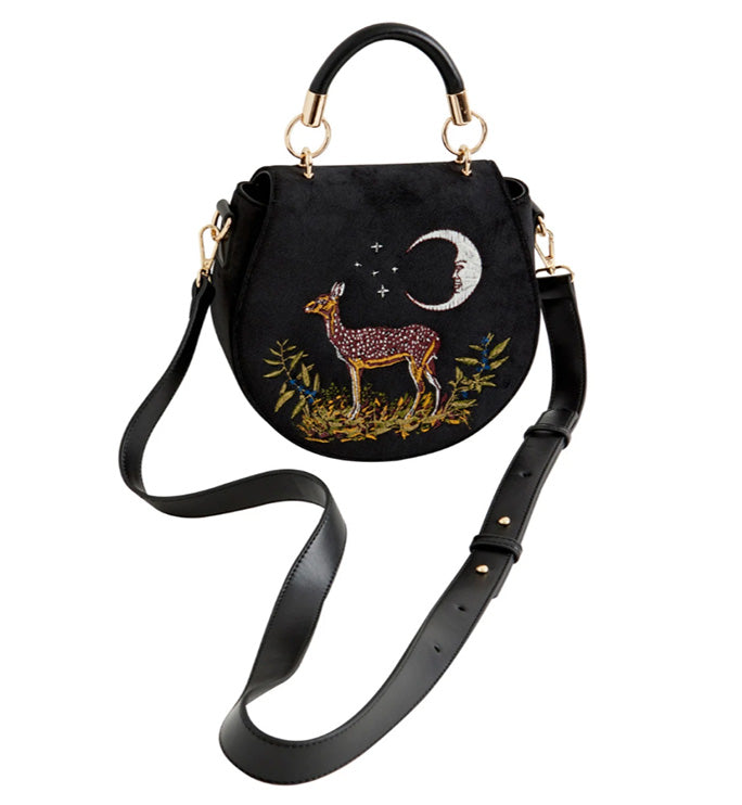 Deer & Moon Velvet Embroidered Saddle Bag - Black