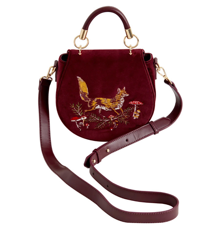 Fox & Mushroom Velvet Embroidered Saddle Bag - Redcurrant