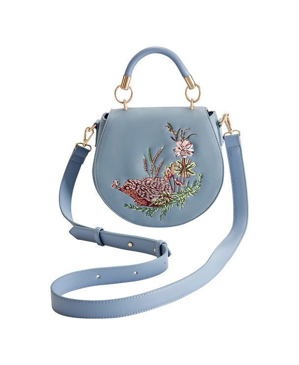 Rebecca Saddle Bag Embroidered Hedgehog - Pale Blue